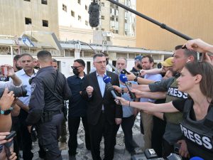 FM Sa’ar gives a statement to foreign media at Soroka Medical Center