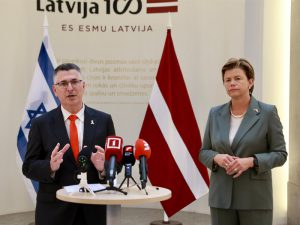 FM Sa’ar attends press conference with Latvian FM Baiba Braže