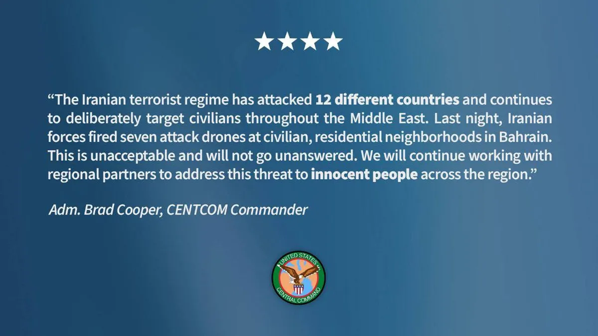 Iran Drones Attack Bahrain Civilians, CENTCOM Commander Says