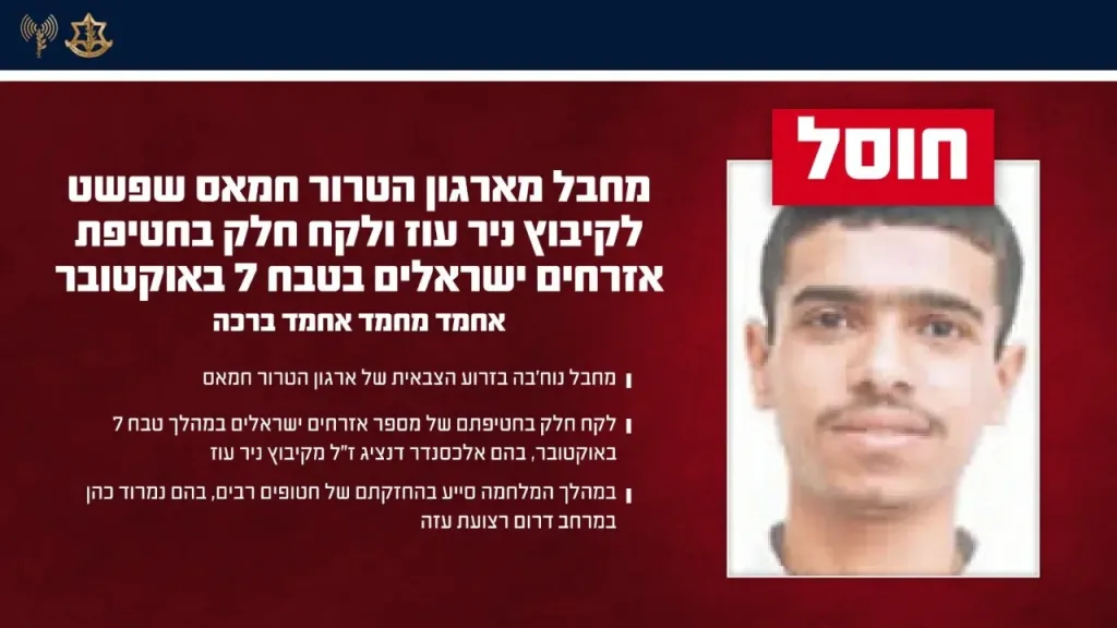The IDF eliminated three Hamas terrorist operatives from the Nukhba force. One of the operatives infiltrated Kibbutz Nir Oz and participated in the abduction of Israeli civilians during the October 7th massacre. The IDF attacked last week